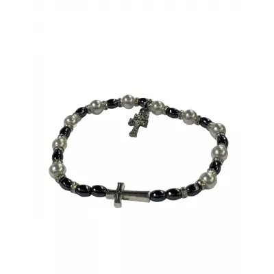 Pulsera Elástica de Hematites con Cruz de Caravaca