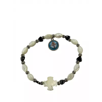 Pulsera Elástica Perlas y Hematites con Cruz de Caravaca